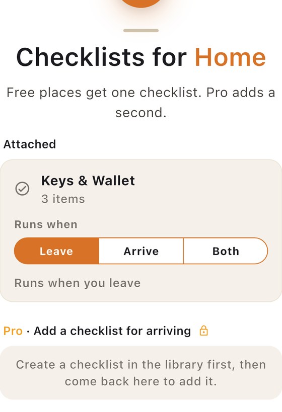Reembr's checklist settings for a saved place, with the Runs when option set to Leave, Arrive, or Both
