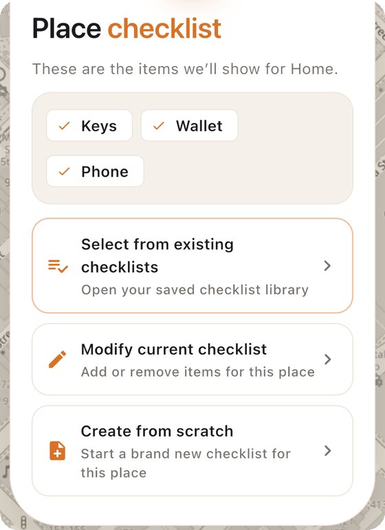 Attaching a checklist to a saved place in Reembr, with keys, wallet, and phone as items