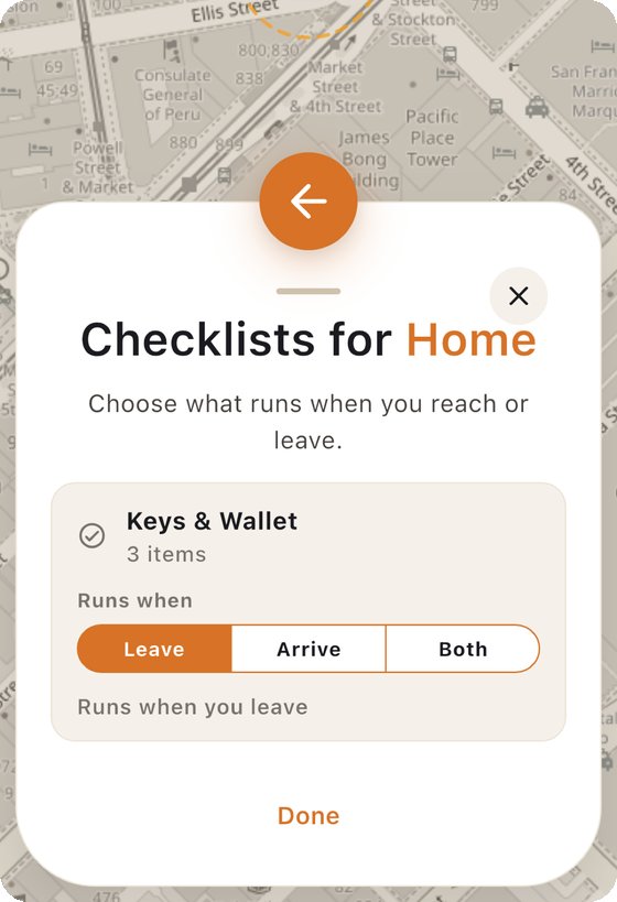 Reembr's checklist trigger settings for a saved place, with Leave, Arrive, and Both options